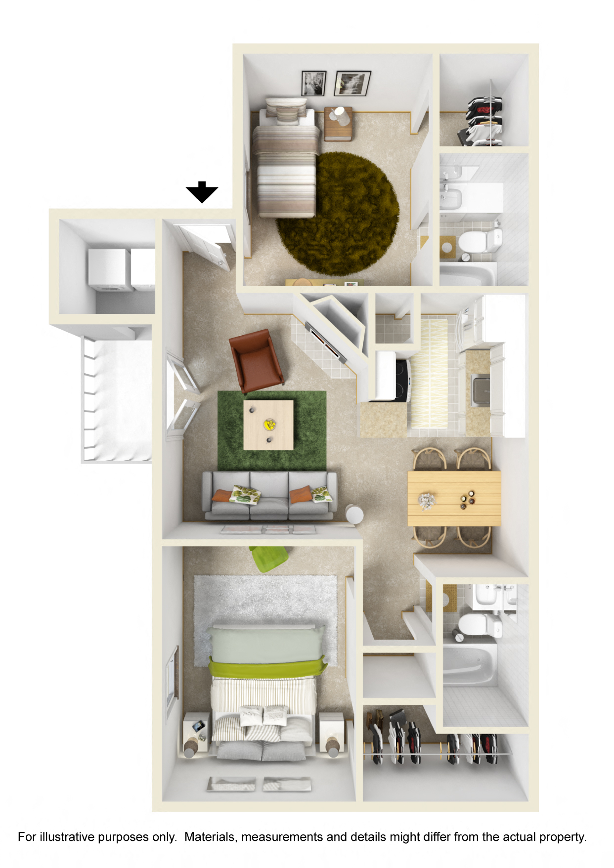 Floor plan for 2 beds, 2 baths, 916 sqft